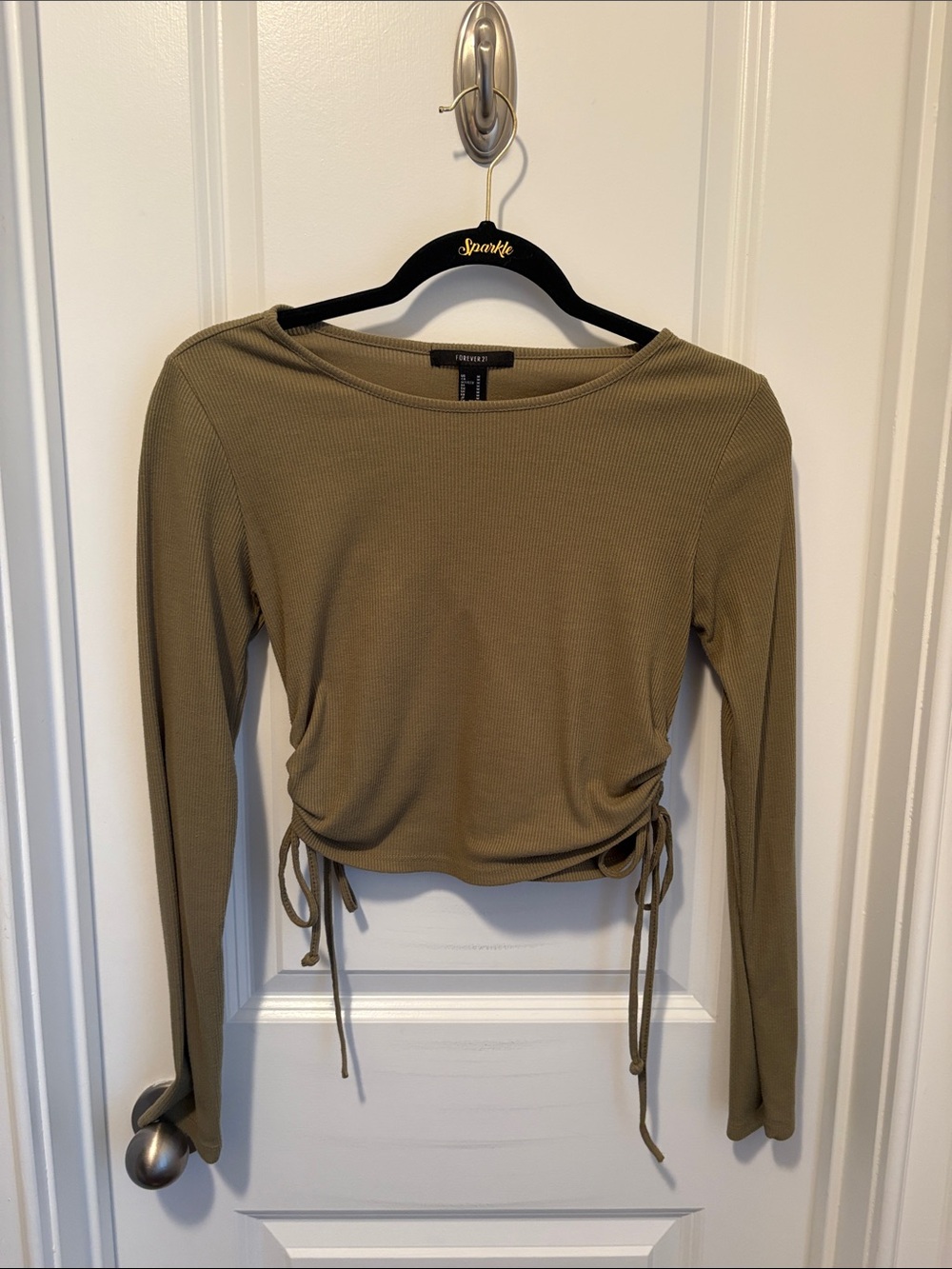 Forever 21 Olive Ribbed Drawstring Long-Sleeve Top